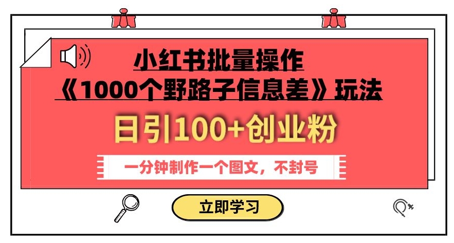 小红书批量操作《1000个野路子信息差》玩法，一分钟制作一个图文，不封号，日引100+创业粉-温暖资源库