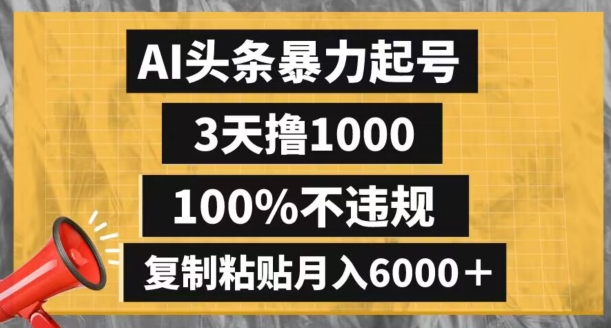 AI头条暴力起号，3天撸1000,100%不违规，复制粘贴月入6000＋【揭秘】-温暖资源库