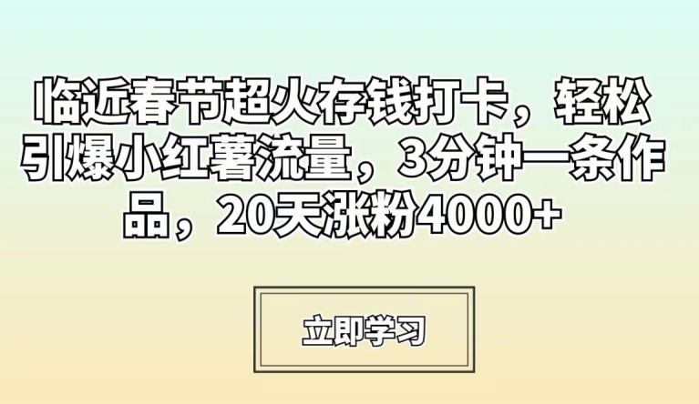 临近春节超火存钱打卡，轻松引爆小红薯流量，3分钟一条作品，20天涨粉4000+【揭秘】-温暖资源库