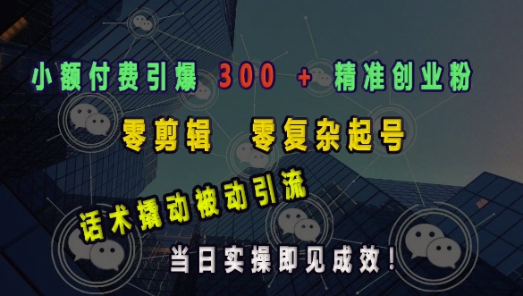 小额付费引爆 300 + 精准创业粉，零剪辑、零复杂起号，话术撬动被动引流，当日实操即见成效-温暖资源库