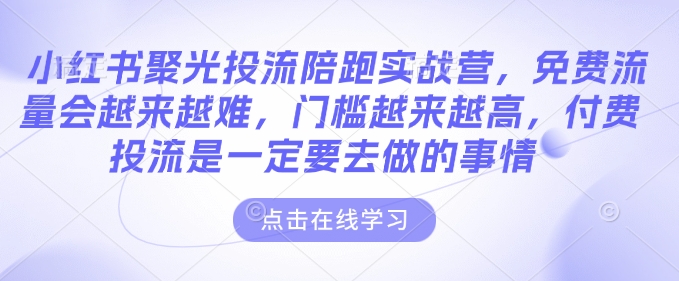 小红书聚光投流陪跑实战营，免费流量会越来越难，门槛越来越高，付费投流是一定要去做的事情-温暖资源库